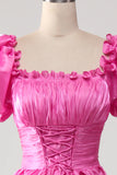 Puff Sleeves Hot Pink Prom Dress with Ruffles