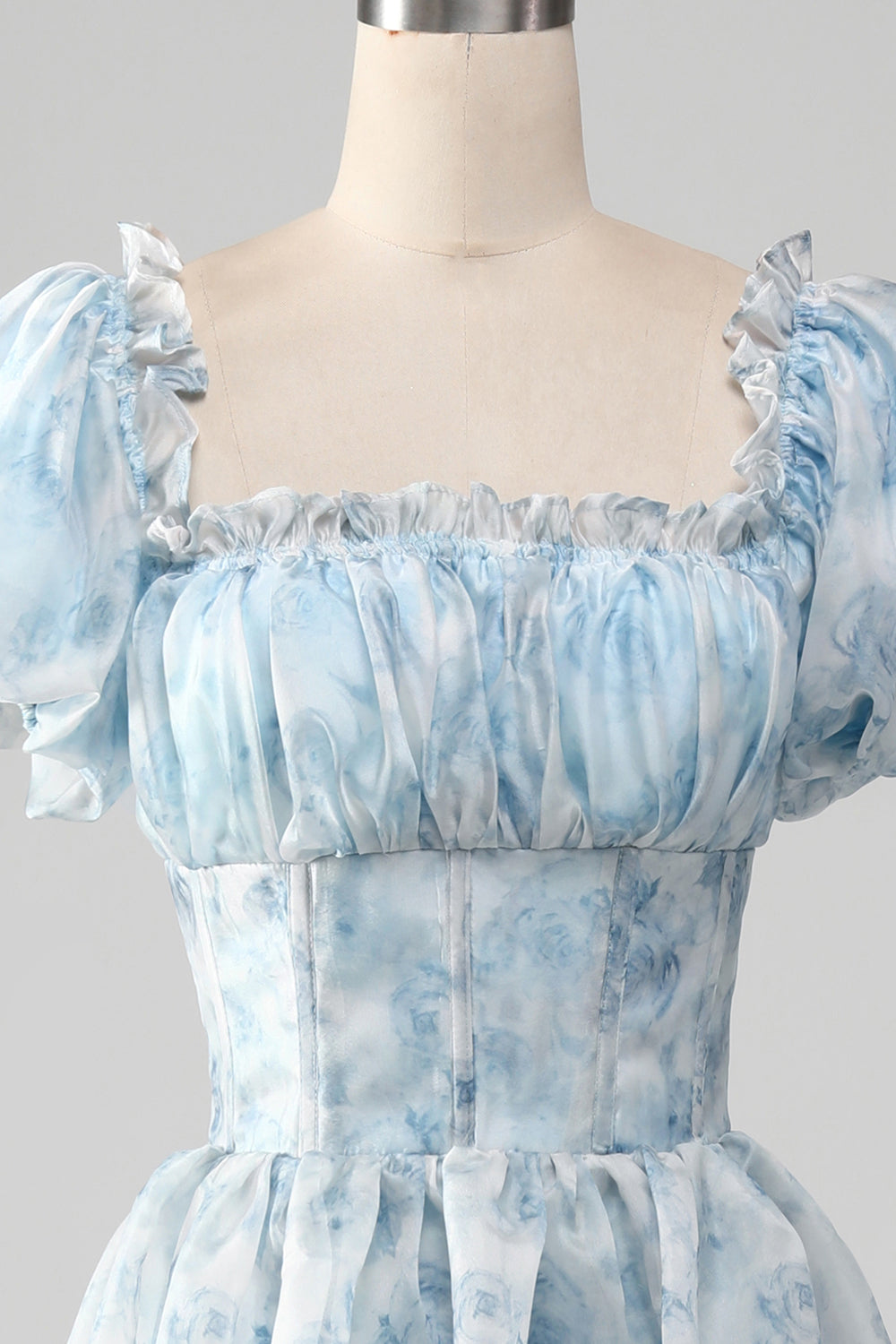 A Line Square Neck Light Blue Tiered Prom Dress with Ruffles