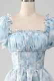 A Line Square Neck Light Blue Tiered Prom Dress with Ruffles