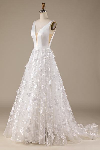 Zapaka Women Ivory Corset Wedding Dress with 3D Flowers Puff