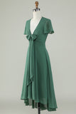 V-Neck Short Sleeves Eucalyptus Bridesmaid Dress With Bow