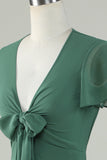 V-Neck Short Sleeves Eucalyptus Bridesmaid Dress With Bow