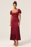 Sweetheart Burgundy Bridesmaid Dress with Puff Sleeves