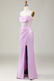 Mermaid Spaghetti Straps Lilac Long Bridesmaid Dress with Slit
