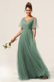 Eucalyptus V Neck Open Back A Line Bridesmaid Dress