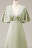 Dusty Sage V-neck Short Sleeves A-line Satin Bridesmaid Dress