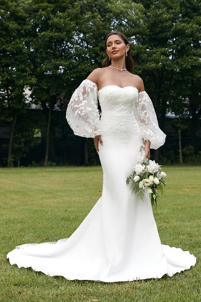 Zapaka Women Ivory Mermaid Sweetheart Wedding Dress with Lace Detachale Long Sleeves Bridal Dress, Ivory / US14 Zapaka Women Ivory Mermaid Sweetheart Wedding Dress with Lace Detachale Long Sleeves Bridal Dress, Ivory / US14