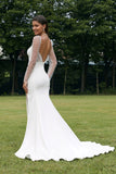 Ivory Illusion Long Sleeves Backless Mermaid Wedding Dress with Slit