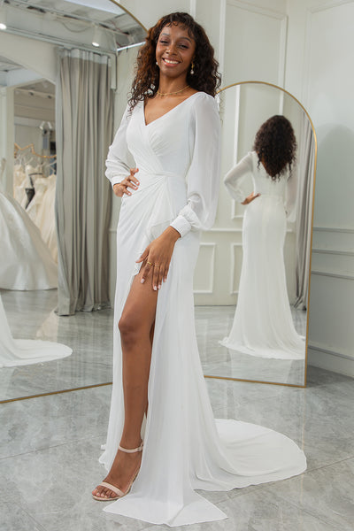 Zapaka Women Ivory V-Neck Long Sleeves A-line Chiffon Bridal Dress, Ivory / US22W