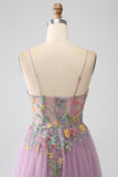 Mauve A-Line Spaghetti Straps Tulle Long Prom Dress With Embroidery