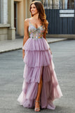 A-Line Tulle Long Corset Tiered Mauve Prom Dress With Appliques