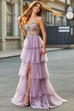 A-Line Tulle Long Corset Tiered Mauve Prom Dress With Appliques