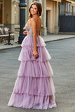 A-Line Tulle Long Corset Tiered Mauve Prom Dress With Appliques