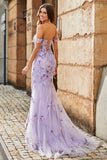 Mauve Off The Shoulder Split Front Long Mermaid Prom Dress With Appliques