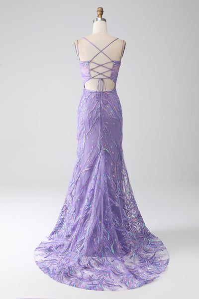 Zapaka Women Green Prom Dress with Slit Mermaid Spaghetti Straps Sequins Long Evening Party Dress with Slit, Lilac / UK32