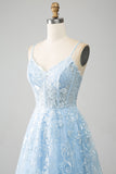 Sky Blue A-Line Spaghetti Straps Lace Long Corset Prom Dress