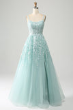 Glitter Mint A-Line Tulle Long Prom Dress with Lace