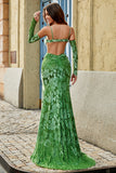 Olive Mermaid Floral Print Spaghetti Straps Long Bridesmaid Dress With Slit