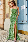 Olive Mermaid Floral Print Spaghetti Straps Long Bridesmaid Dress With Slit