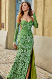 Olive Mermaid Floral Print Spaghetti Straps Long Bridesmaid Dress With Slit