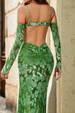 Olive Mermaid Floral Print Spaghetti Straps Long Bridesmaid Dress With Slit