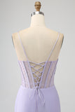 Glitter Lilac Corset Mermaid Long Prom Dress with Slit