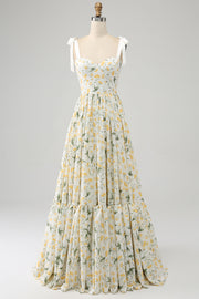 Ivory A-Line Spaghetti Straps Floral Long Prom Dress