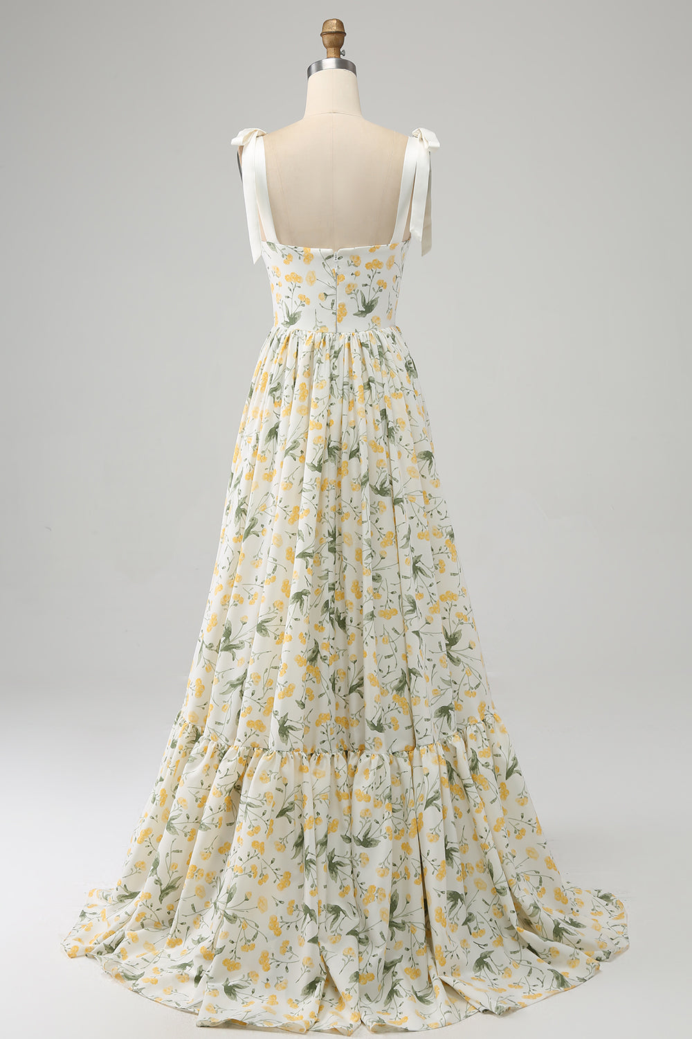 Ivory A-Line Spaghetti Straps Floral Long Prom Dress
