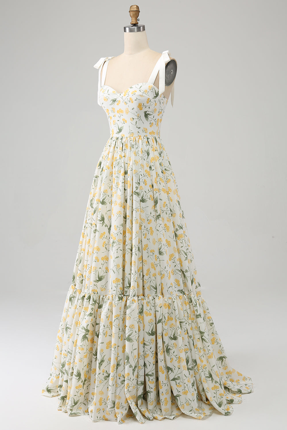 Ivory A-Line Spaghetti Straps Floral Long Prom Dress