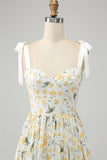 Ivory A-Line Spaghetti Straps Floral Long Prom Dress