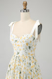 Ivory A-Line Spaghetti Straps Floral Long Prom Dress