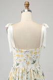 Ivory A-Line Spaghetti Straps Floral Long Prom Dress