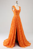 Orange A-Line Floral Lace Long Prom Dress