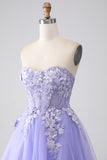 Lavender A-Line Strapless Tulle Long Prom Dress with Sleeves