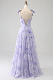 Lilac Corset Floral A-Line Long Prom Dress