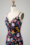 Black Floral Mermaid Spaghetti Straps Long Prom Dress With Embroidery