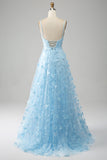 Sky Blue A Line Spaghetti Straps Sparkly Beaded Prom Dress with 3D Butterflies