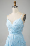 Sky Blue A Line Spaghetti Straps Sparkly Beaded Prom Dress with 3D Butterflies