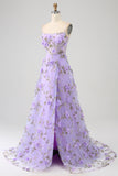Lilac A-Line Spaghetti Straps Long Prom Dress with 3D Flowers