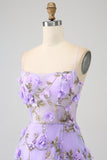 Lilac A-Line Spaghetti Straps Long Prom Dress with 3D Flowers