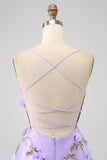 Lilac A-Line Spaghetti Straps Long Prom Dress with 3D Flowers