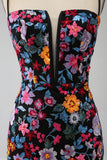 Mermaid Spaghetti Straps Black Flower Embroidered Prom Dress With Side Slit