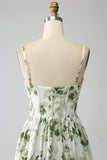 Green A-Line Spaghetti Straps Printed Pleated Long Prom Dress With Slit
