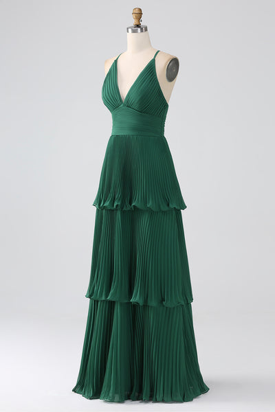 Zapaka Women A-Line Dark Green Tiered Chiffon Bridesmaid Dress with Pleated V-Neck Long Wedding Party Dress, Dark Green / US6 Zapaka Women A-Line Dark Green Tiered Chiffon Bridesmaid Dress with Pleated V-Neck Long Wedding Party Dress, Dark Green / US6