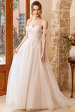 Elegant A Line Halter White Long Wedding Dress with Appliques