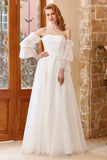 A Line Off the Shoulder White Wedding Dress with Long Sleeves