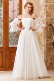 A Line Off the Shoulder White Wedding Dress with Long Sleeves