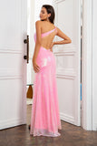 Sheath One Shoulder Pink Sequins Long Prom Dress with Split Front