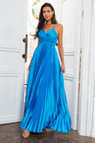 A Line Spaghetti Straps Lake Blue Long Prom Dress