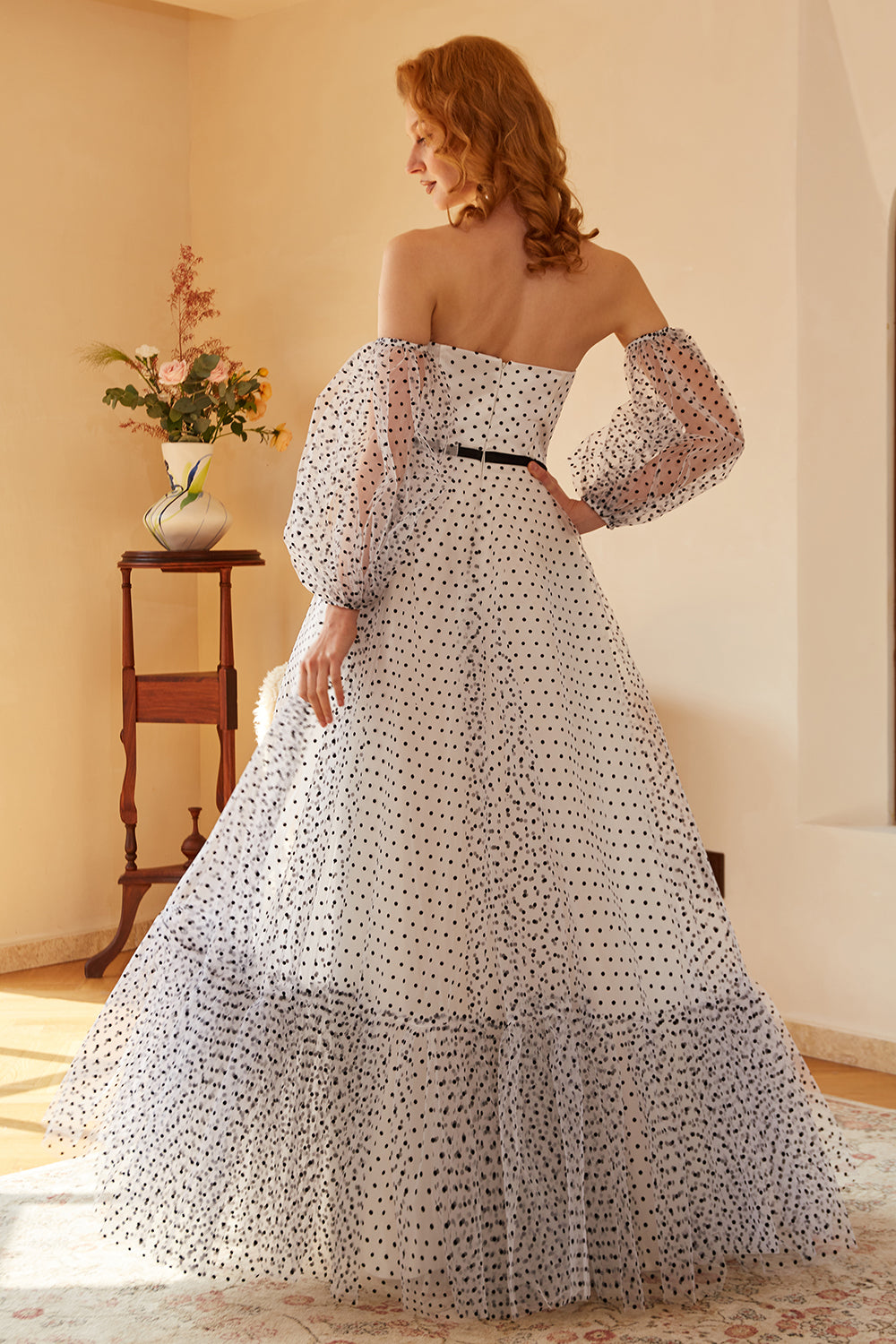 White Polka Dots Long Wedding Guest Dress with Sleeves